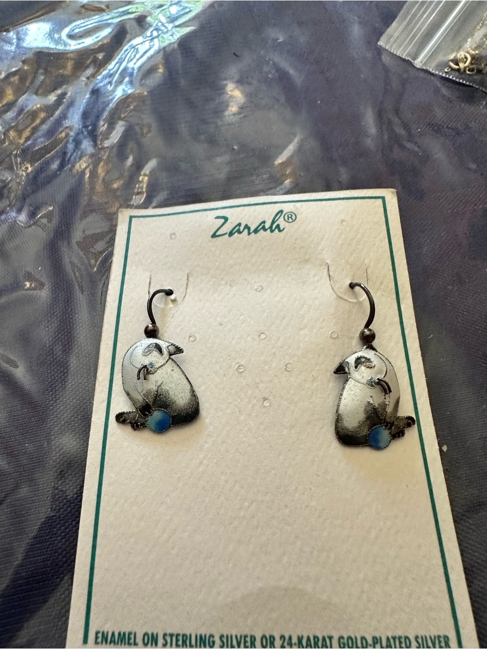 Zara Silver Siamese cat Drop Earrings enameled